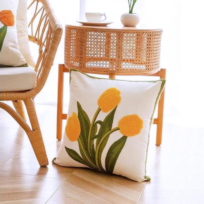 Embroidery Throw Pillow Cover 18x18 Home Decor Floor Pillow Cover for Couch Sofa Chair Gift 100% Cotton Floral Embroidered Cushion Cover Square Pillowcase 45x45cm Yellow Tulip, 1 Piece