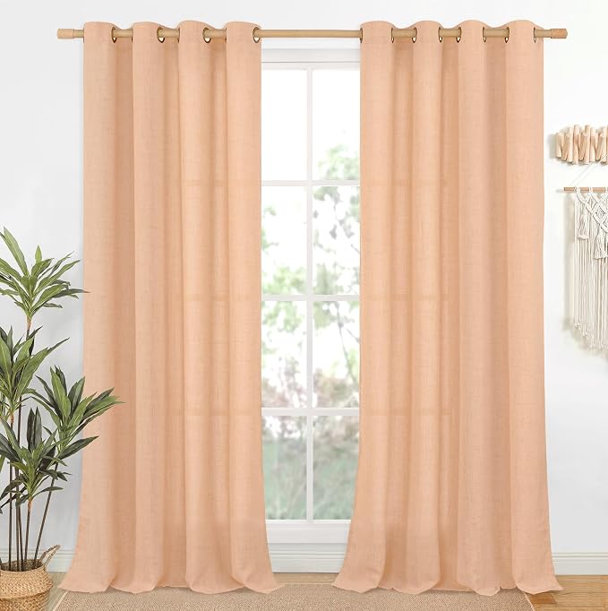 YoungsTex Peach Linen Curtains 84 Inch Length for Living Room 2 Panels | Light Filtering Drapes with Bronze Grommet for Dining Bedroom Window, 52 x 84 Inch
