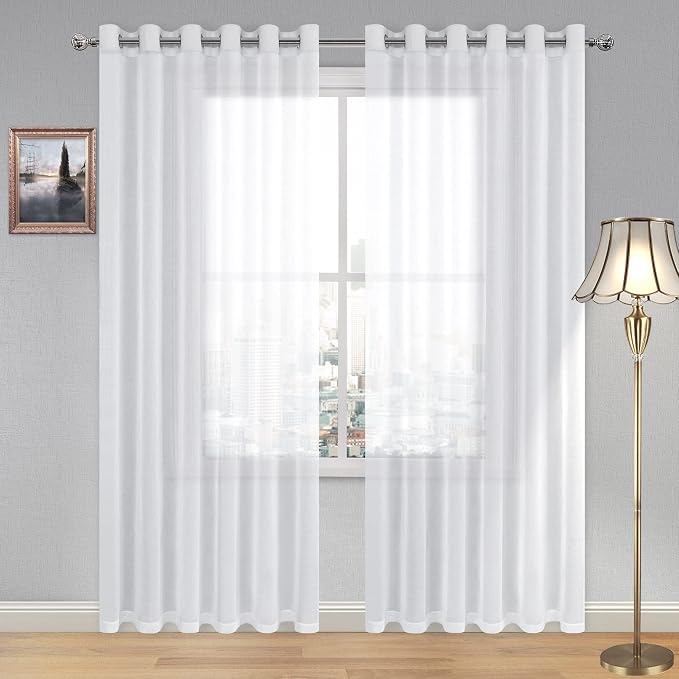 DWCN White Faux Linen Sheer Curtains - Grommet Top Voile Look Window Drapes 84 Inches Long, Solid Semi Sheer Curtains for Bedroom Living Room 70 x 84 inch Length, Set of 2 Panels