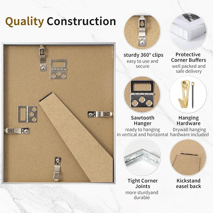 Fun Memories 6x8 Metal Picture Frame - 6 x 8 Aluminum Photo Frames with 5x7 Removable Mat- Ideal for Wall or Tabletop Display - Wall Hook Hanging Hardware Included (Silver, 1 Pack)