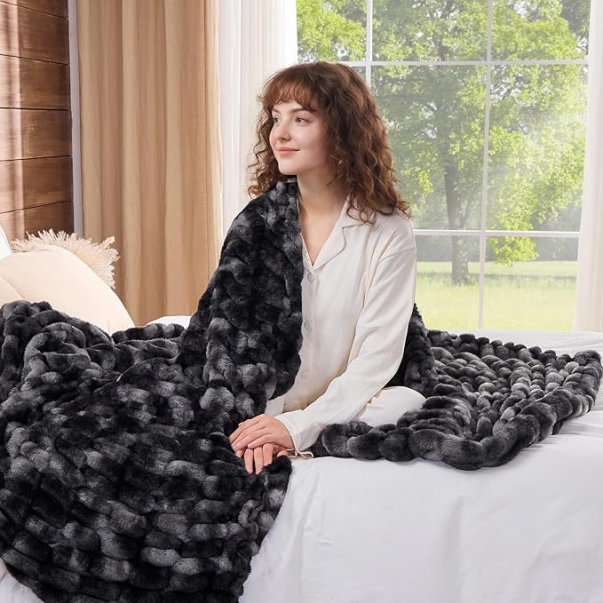 Lotus Karen Faux Fur Throw Blanket, 900 GSM Dual-Sided Soft Ruched Fluffy Blanket for Couch, Cozy Fuzzy Plush Throw Gifts for Women Man Bedroom Living Room (Tie-Dye Black, 50"x60")