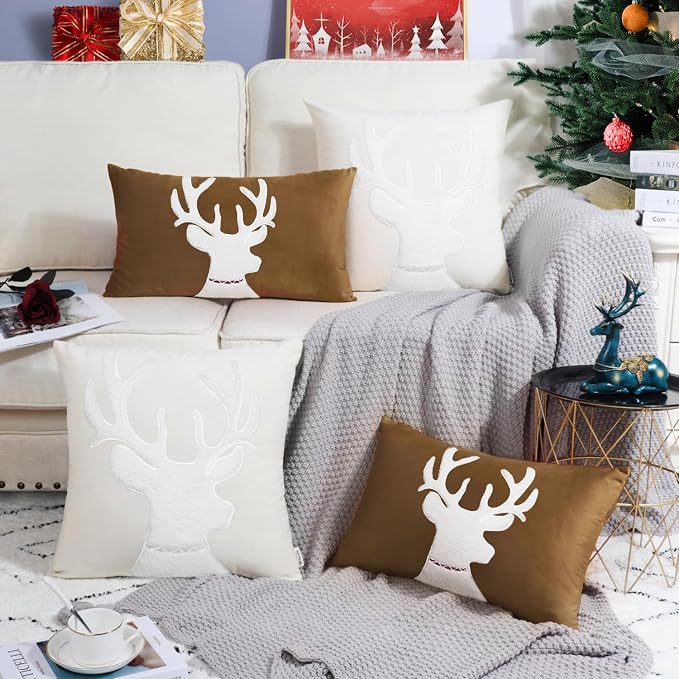 BRAWARM Christmas Pillow Cover 12 X 20 Inches, Brown Reindeer Embroidered Lumbar Pillow Cover, Soft Velvet Decorative Throw Pillow for Couch Bed Sofa Living Room Home