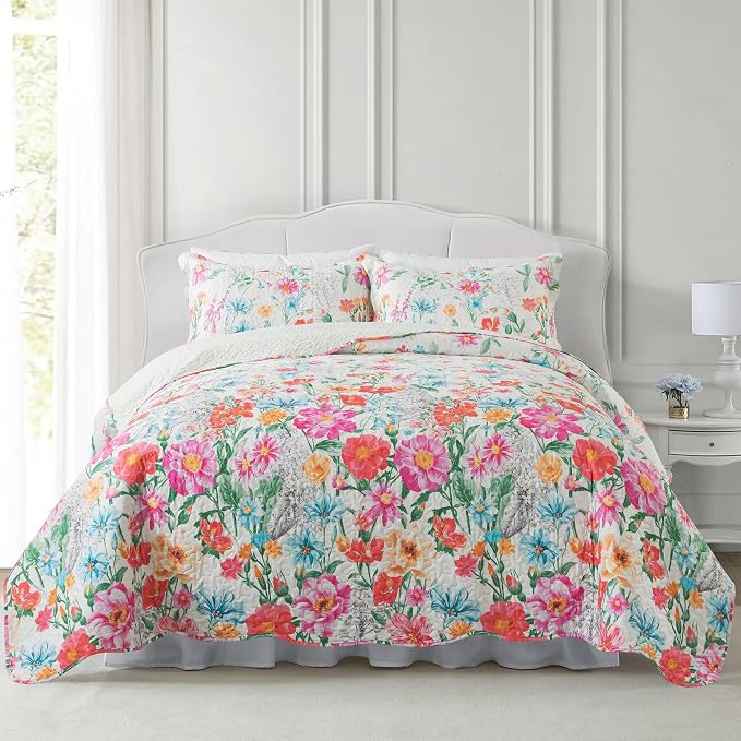 NEWLAKE Quilt Bedspread Sets- Dreamy Flowers Reversible Coverlet Set,Queen Size