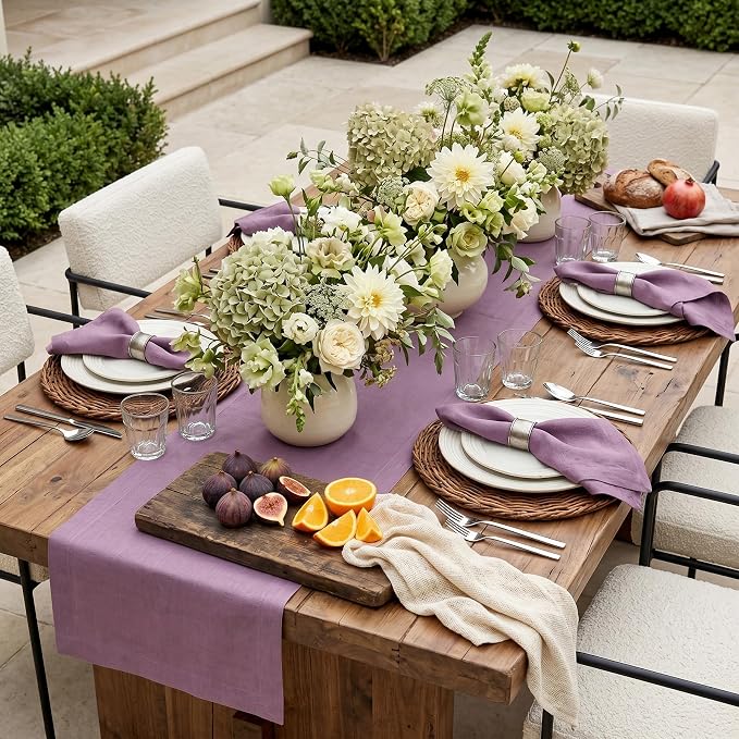 Solino Home 100% Pure Linen Table Runner Mulberry Long, Fete 14 x 132 in | styles dining tables for meals and celebrations, European flax fibres, handloomed texture, soft, fine, OEKO-TEX Certified