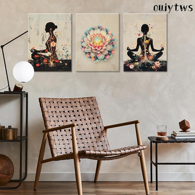 Framed yoga Zen Lotus Canvas Wall Art Set of 3, Meditation Decor 16x24in | Zen meditation wall art with lotus painting prints, floral poster design and Ready to Hang decor for bedroom,yoga room&office