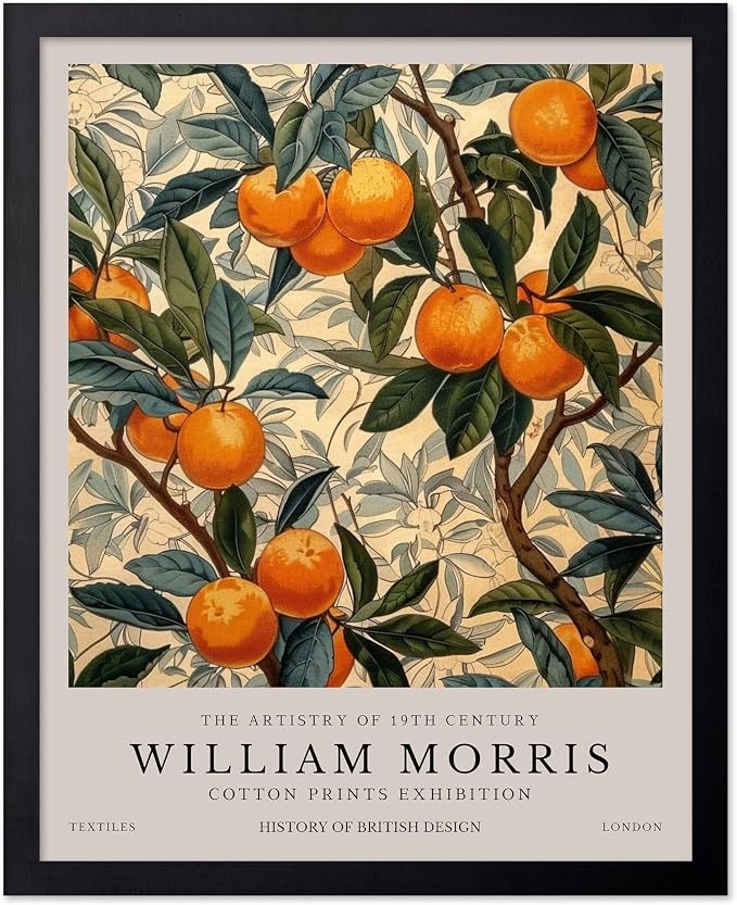 Monem Art William Morris Poster - Orange Tree Print - Orange Fruit Decor - Botanical Design - Exhibition Art - Floral Motif - Farmhouse Theme - Living Room Decor - 11x14 Black Framed