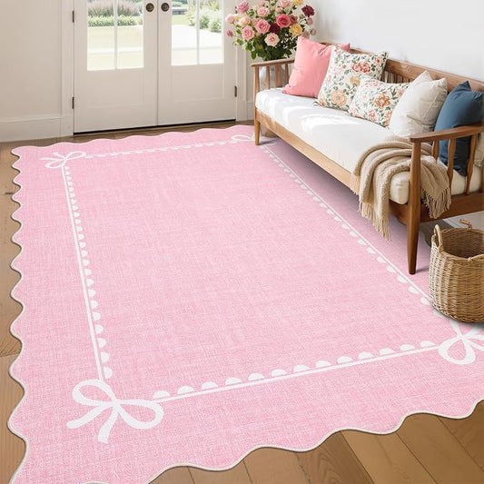 COZYLOOM 8x10 Area Rug for Bedroom Washable Kids Room Rug with Rubber Backing, Stain Resistant Scalloped Bow Printed Rugs Non Shedding Low Pile Bordered Carpet for Living Room, Dining Room, Pink