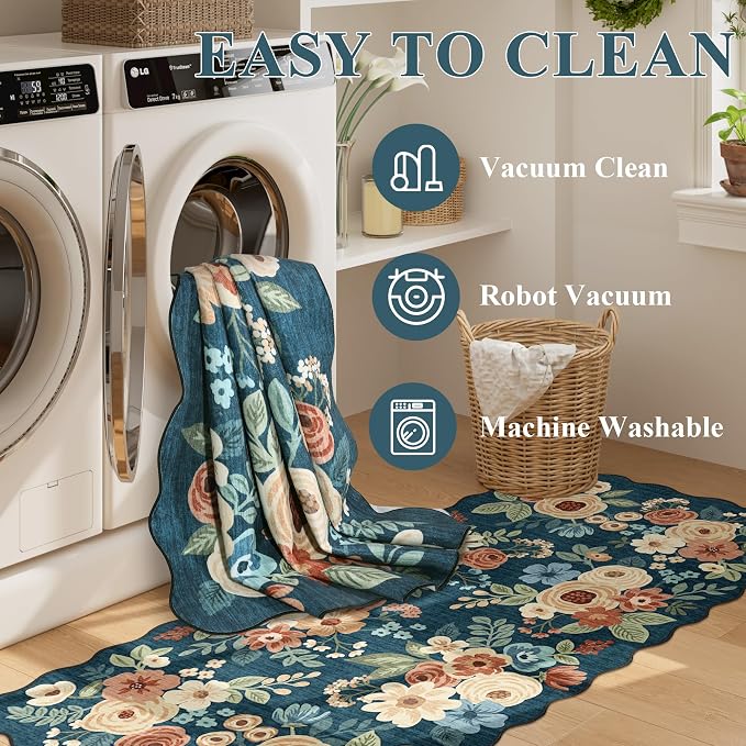 DUKINO 6x9 Area Rugs Floral Washable Living Room Rug Non Slip Prussian Blue | Low Pile, Stain Resistant, Soft Indoor Large Rugs for Bedroom, Dining Room, Kids Playroom, Nursery, Pet Friendly, Home Decor