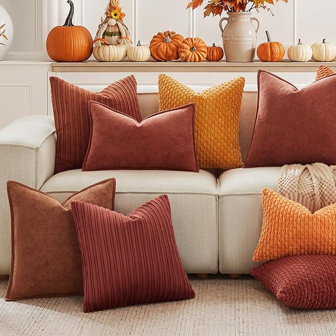 Kevin Textile Striped Corduroy 20”x20” Pillow Covers 2 Pack, Rust