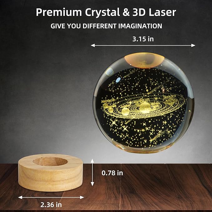 3D Solar System Crystal Ball Night Light, Upgraded 3.15 Inch Glass Ball Lamp with 16 Color LED Wooden Base, Solar System Model Desk Decor Birthday Christmas Space Gifts for Kids Friends