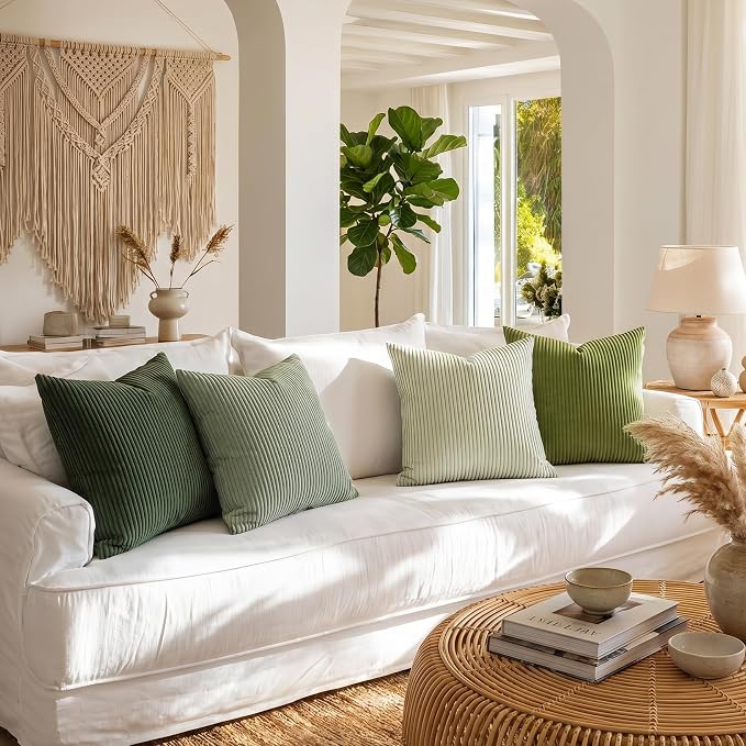 LANANAS Decorative Corduroy Throw Pillow Covers 18x18 Inch Green Bloom | Set of 4 Neutral Couch Farmhouse Boho Throw Pillows for Living Room, Couch, Bed, Sofa Soft Accent Home Decor