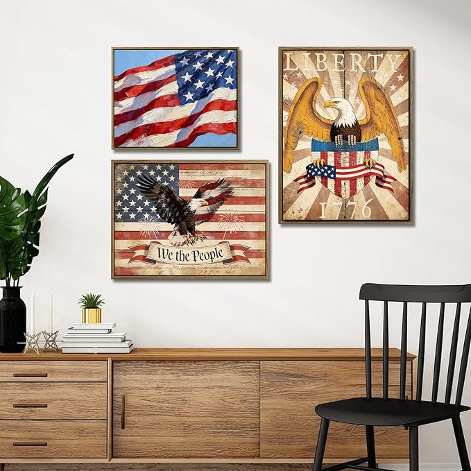 American Flag Framed Canvas Wall Art, 4th of July Patriotic Canvas Prints | USA Flag with Bald Eagle Poster Print, Vintage Independence Day Wall Decor for Bedroom Living Room 11×14in