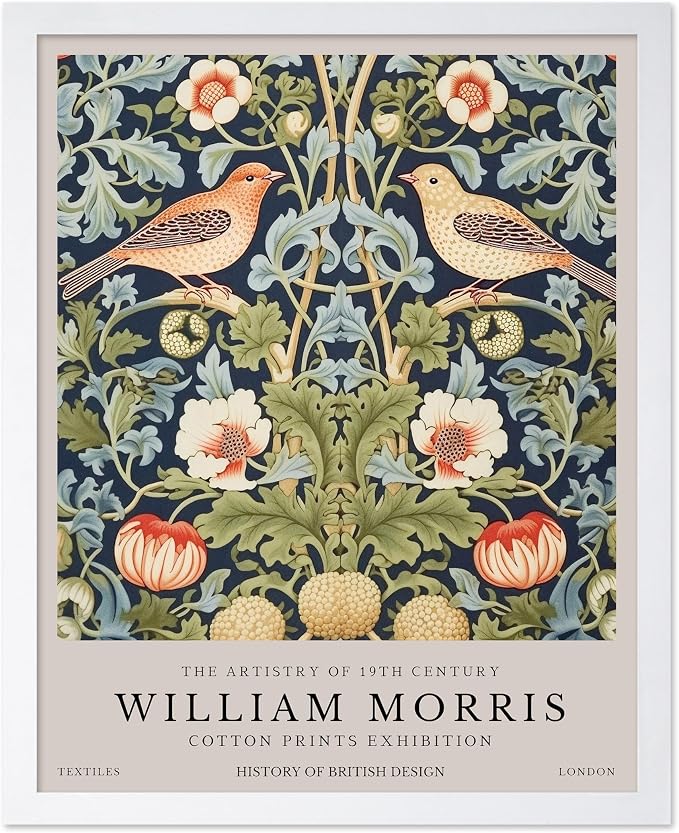 Poster Master William Morris Poster - Strawberry Thief Print - Bird Art - Botanical Design - Flower Art - Exhibition Display - Animal Illustration - Floral Design - Office or Bedroom Wall Decor - 8x10 White Framed