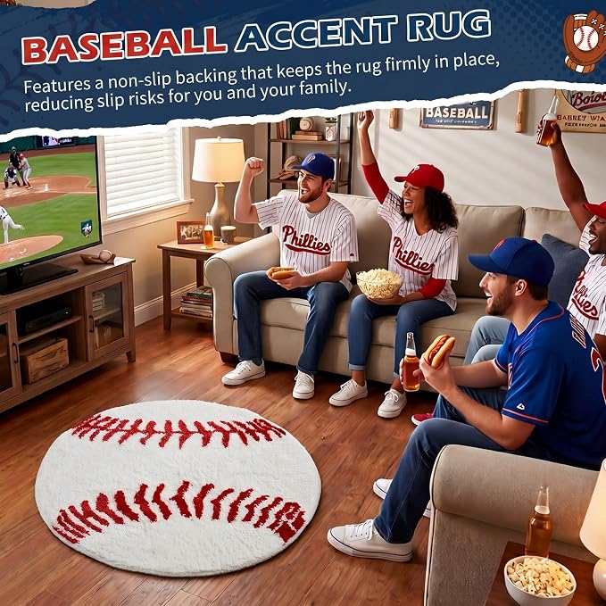 Funtery Baseball Rug for Boys Room Decor Non Slip Absorbent Sports Soft Mat Field Sports Area Rug Plush Soft Washable Carpet Bedroom Bathroom Welcome Door(White, 25.5x25.5, Baseball)