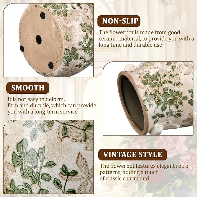 Ceramic Scroll Planter 6.5 Inch Chinoiserie Floral Vase with Drainage Holes Vintage Flower Vase Flower Pot Rustic Ceramic Pots for Indoor Plants Garden Home Bookshelf Decor(Double Green)