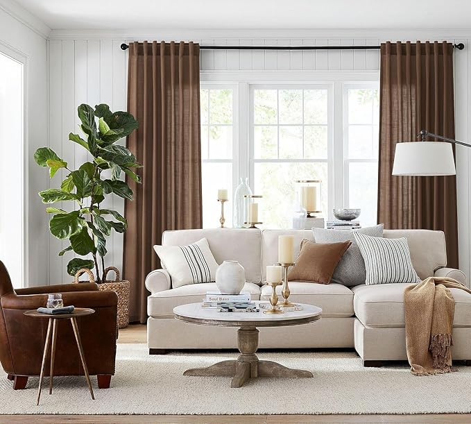 Jowels Caramel Brown Linen Curtains 90 Inch Long 2 Panels for Living Room | Light Filtering Semi Sheer Curtain, Back Tab Pocket Pleated Look, Boho Farmhouse Textured Privacy Drapes for Bedroom Window