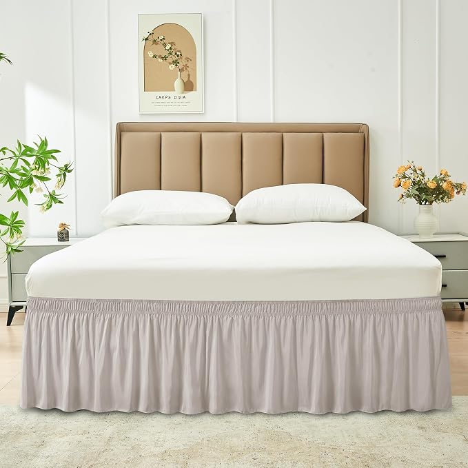 Wrap Around Queen Size Bed Skirt 14" Drop-Elastic Dust Ruffle Camel Grey | Adjustable Pleated Bedskirt-Easy Fit Wrinkle Resistant Washable Hotel Quality Fabric Bed Skirting-Master Guest Bedroom Rental