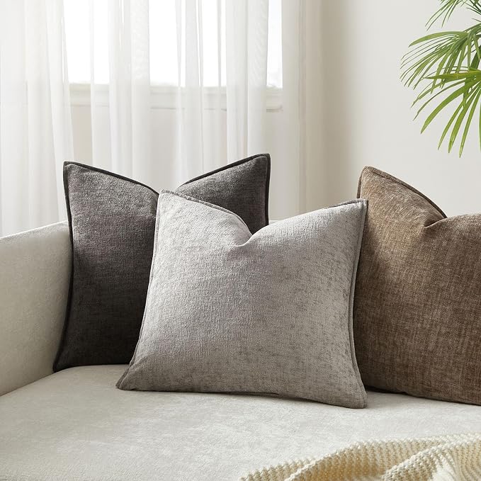 JUSPURBET 22x22 Chenille Decorative Throw Pillow Covers Set of 2,Gray | Cozy Soft Cushion Covers Case with Hidden Zipper for Couch Sofa Bed Home Decor Living Room