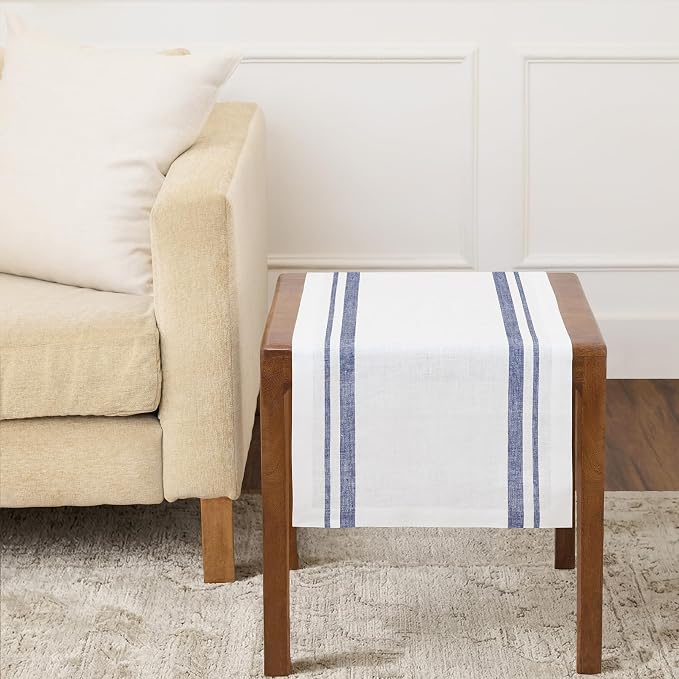 Solino Home 100% Pure Linen Table Runner, 14 x 36 in, Navy and White Stripe | French Stripe, dresses up dining tables for everyday meals, European flax fibres, machine washable, soft, OEKO-TEX Certified