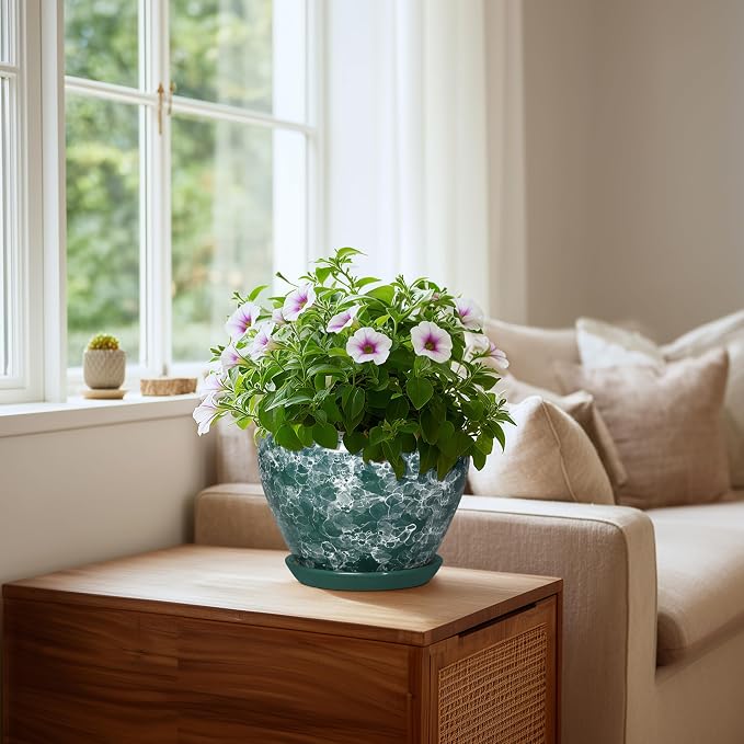 8 Inch Planter Indoor, Ceramic Plant Pots, Bubble Green | Round Flower Pots with Drainage Hole and Saucer, Modern Planter for Indoor Plants, Apartment Decor, Gifts for Plant Lovers