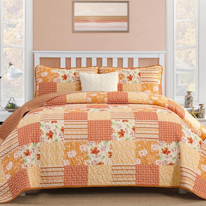 Mybedsoul Orange Boho Quilts Queen Size, Patchwork Floral Fall Bedding Set | Soft Lightweight Microfiber Floral Coverlet Set, 3 Pieces Plaid Floral Bedspread, Bed Sets for All Seasons 90"x96"