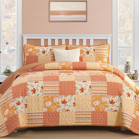 Mybedsoul King Size Quilt, Patchwork Floral Fall Bedding Set, Orange | Soft Lightweight Microfiber Coverlet Set, 3 Pieces Boho Plaid Bedspread, Bed Sets for All Seasons 90"x110"