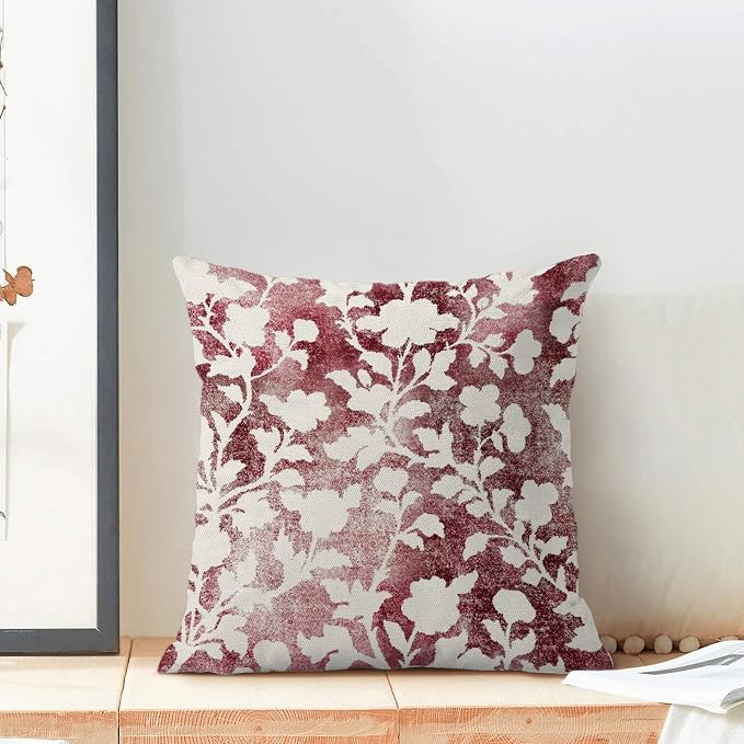 Burgundy Red White Floral Pillow Covers 18x18 Set of 2, Retro Decor Modern Style Abstract Flower Throw Pillows Farmhouse Outdoor Decorative Cushion Case Decorations for Home Couch Sofa Bed