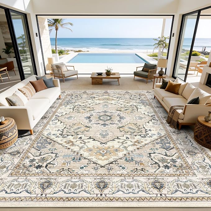 AooHHooA Washable 9x12 Boho Beige Area Rug for Living Room, Soft Stain Resistant Non-Slip 9x12 Boho Vintage Area Rugs, Large Low Pile Lightweight Area Rugs for Living Room Bedroom Dining Room