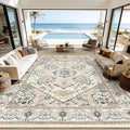 AooHHooA Washable 9x12 Boho Beige Area Rug for Living Room, Soft Stain Resistant Non-Slip 9x12 Boho Vintage Area Rugs, Large Low Pile Lightweight Area Rugs for Living Room Bedroom Dining Room
