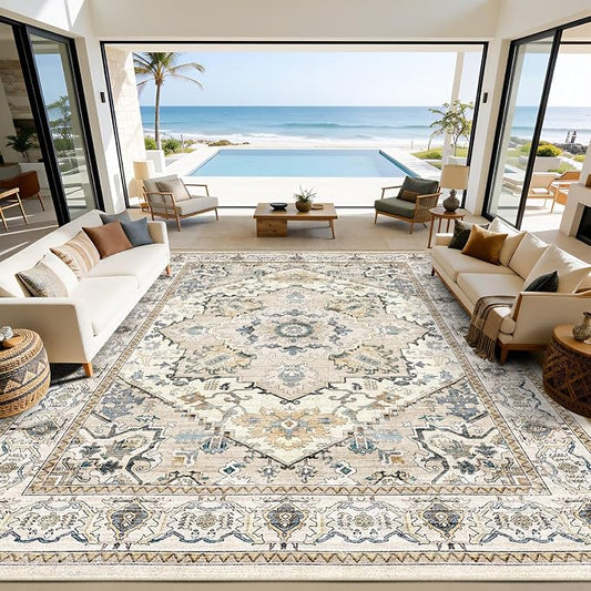 AooHHooA Washable 9x12 Boho Beige Area Rug for Living Room, Soft Stain Resistant Non-Slip 9x12 Boho Vintage Area Rugs, Large Low Pile Lightweight Area Rugs for Living Room Bedroom Dining Room