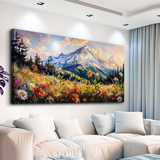 FUHAIHUA Canvas Wall Art For Living Room Framed Wall Decor For Bedroom Modern Office Wall Decoration Mountain Flower Landscape Paintings Farmhouse Pictures Artwork Aesthetic Home Decor 20x40 In