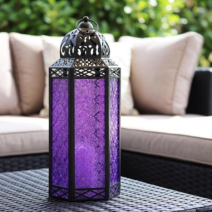 Vela Lanterns Decorative Indoor Tall Floor Candle Holder, Purple, XL | Extra Large Gothic Whimsigoth Decor, Moroccan Lantern, Halloween Witch Lamp, Indoor Outdoor Patio, 16.3" Tall