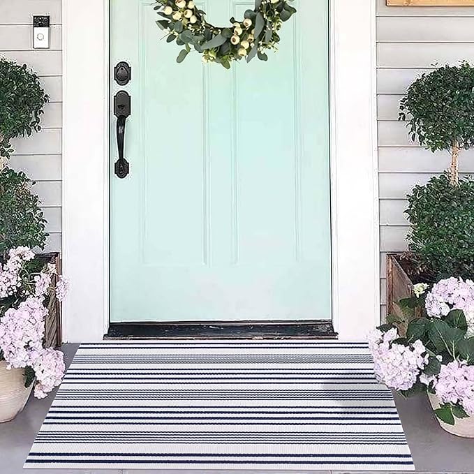 Blue and White Striped Outdoor Rug 24'' x 35'' Door Mat Outdoor Machine Washable Welcome Mats Cotton Hand-Woven Entryway Rug for Front Porch/Entryway/Laundry/Bathroom/Bedroom