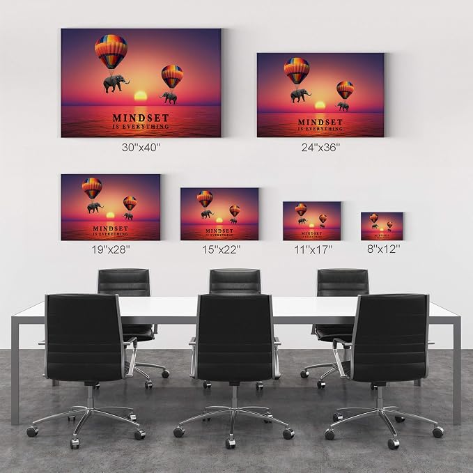 Smile Art Design Mindset is Everything Elephant with Balloon in Sunset Motivational Wall Art Canvas Print Inspirational Wall Art Entrepreneur Quote Office Living Room Decor Gift Ready to Hang 8x12