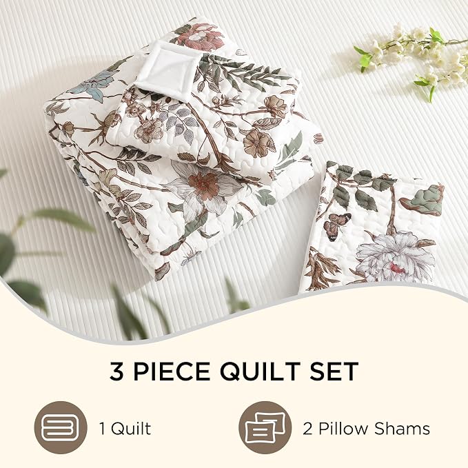 Litanika Floral White Quilt Queen - 3Pcs Botanical Birds Bedding Set | Bedspread Summer Lightweight Soft Coverlet with Pink Flower for All Seasons (96"x90")