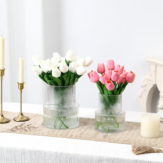 Ribbed Glass Vases for Bouquet, Set of 2 Fluted Vases for Flowers, Clear Vase for Tulips, Modern Glass Vase for Living Room, Office, Coffe Table, Dining Table, Shelf, Wedding