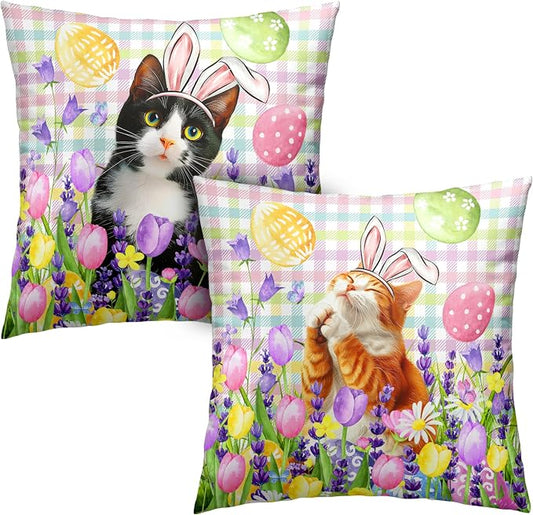 Spring Easter Pillow Covers 22x22 Set of 2 Lovely Cow Cat and Ginger Cat Wearing Bunny Ears Throw Pillow Covers Tulip Floral Pillow Case for Easter Decoration Sofa Patio Garden