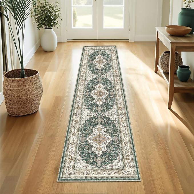 AooHHooA Boho Washable 2x6 Runner Rugs Green Non Slip Low Pile Vintage Runner Rug, Stain Resistant Soft Faux Wool Runners for Hallway Laundry Entryway Bedroom