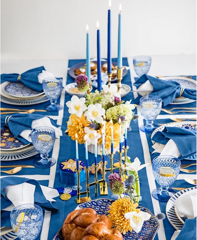 Solino Home 100% Pure Linen Table Runner Indigo Blue Hemstitch, 14 x 144 in | Classic Hemstitch, dresses up dining tables for everyday meals, hemstitched border, mitered corners, soft, OEKO-TEX Certified