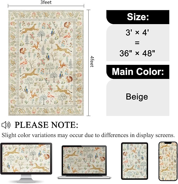 DUKINO 3x4 Rug, Washable Animal Area Rug for Entryway Non Slip, Beige | Soft, Low Pile, Stain Resistant Indoor Carpet Runner for Entryway, Kitchen, Bedroom, Bathroom, Pet Friendly, Home Decor