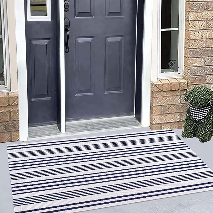 Blue and White Outdoor Rug 24'' x 51''Front Porch Rug Hand-Woven Machine Washable Indoor Layered Door Mats for Entryway/Bedroom