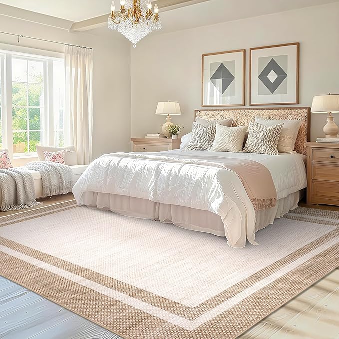 COZYLOOM Area Rugs 9x12 Large Living Room Rug with Rubber Backing, Stain Resistant Modern Bordered Rug, Non Shedding Low Pile Soft Carpet, Foldable Thin Mats for Bedroom, Dining Room, Office, Beige