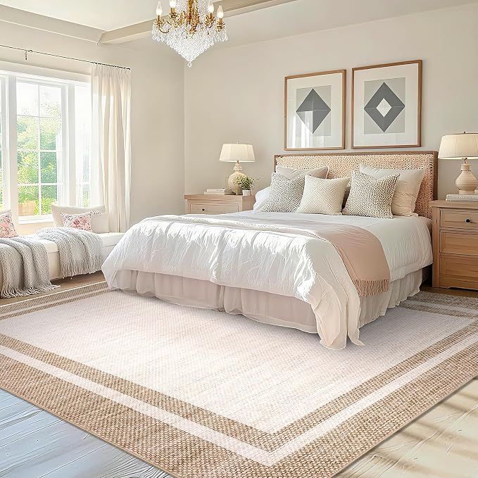 COZYLOOM Area Rugs 10x13 Large Living Room Rug with Rubber Backing, Stain Resistant Modern Bordered Rug, Non Shedding Low Pile Soft Carpet, Foldable Thin Mats for Bedroom, Dining Room, Office, Beige