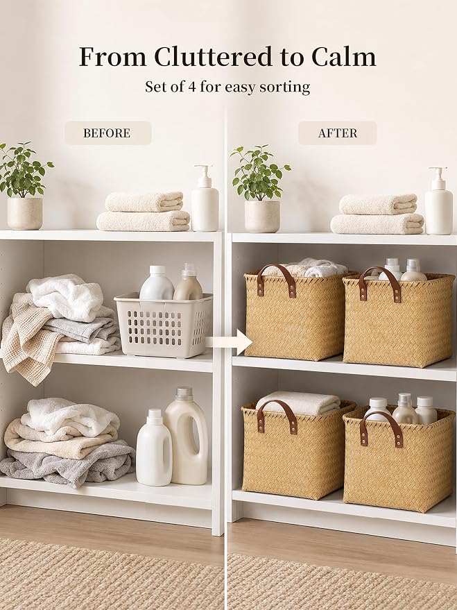 Wicker Storage Baskets, 4 Pack Woven Baskets for Shelves, Yellow | PP Rattan, Water-resistant Wicker Basket, Large Baskets with Faux Leather Handles for Blanket, Laundry Organizer, Room Decor