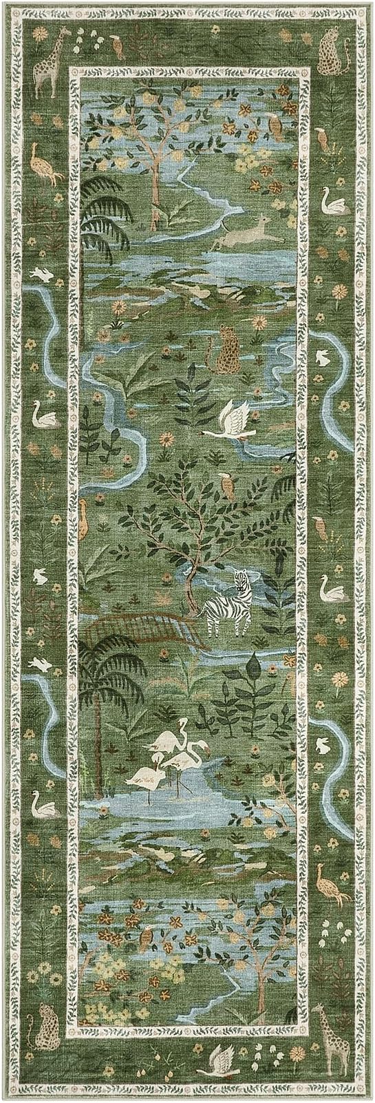 2x6 Hallway Runner Rug Non Slip Forest Nursery Runners Washable Stain Resistant Fairy Tale Whimsical Long Runner Carpets Girls Room Green Safari Animal Rugs for Living Room Kitchen Bedroom, Green