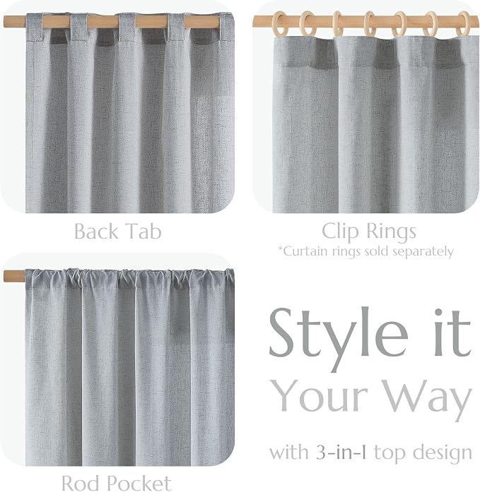 jinchan Linen Curtains Light Filtering Back Tab 50x63 Inch 2 Panels Grey | Semi Sheer Curtains 63 inch length for Bedroom Living Room, Modern Farmhouse Drapes with Rod Pocket, Natural Boho Curtains