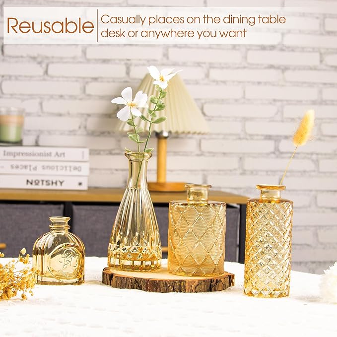 TBWIND Gold Amber Glass Bud Vases Set of 12, Small Vases for Flowers | Mini Vintage Vases, For Centerpieces, Bud Vase in Bulk, For Wedding Decor, Single Flowers, Office and Home Table Flower Décor
