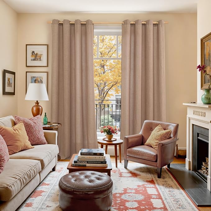 YoungsTex Mocha Brown Linen Curtains 95 Inch Length for Living Room | Light Filtering Drapes with Grommet Semi Sheer Floor Length for Farmhouse Dining Window, 2 Panels, 52 X 95 Inch