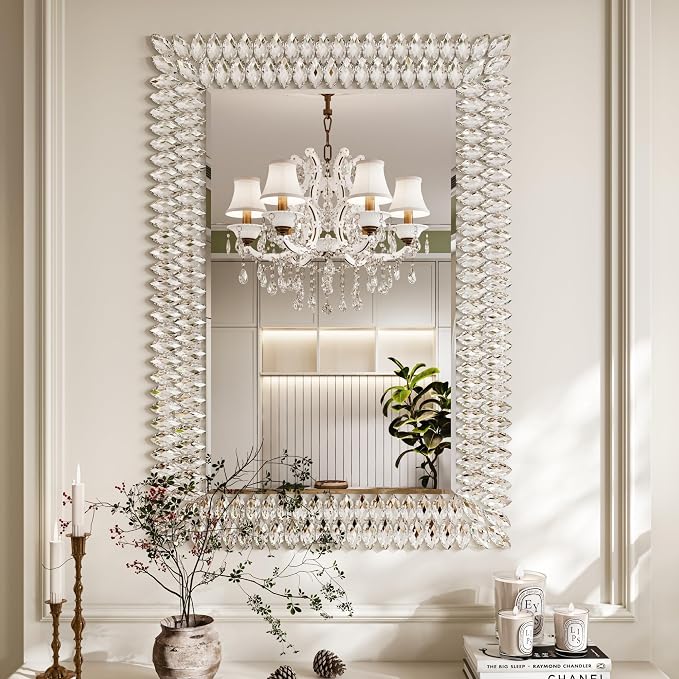 Kelly Miller 28"x40" Jeweled Luxury Rectangle Decorative Wall Mirror | Elegant diamond beveled vanity mirror. Perfect large wall mirror for living room, bathroom, entryway.