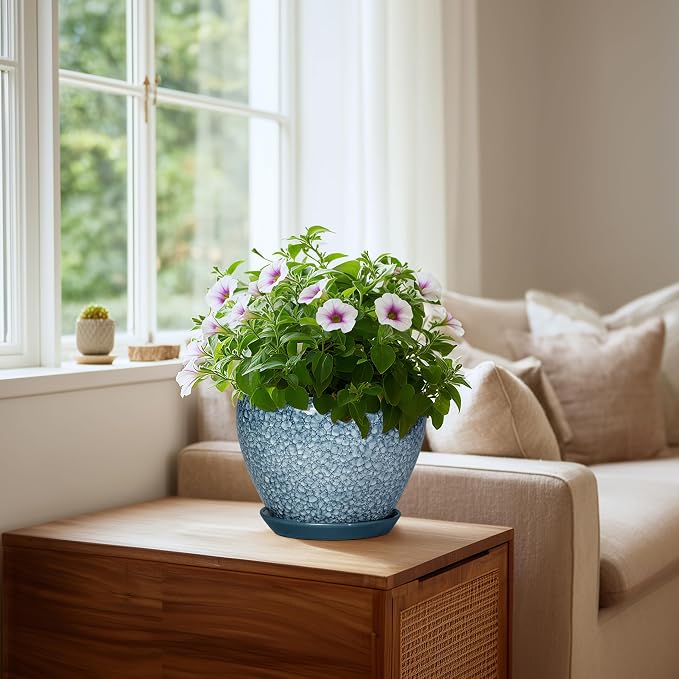 Ceramic Planter Pots - 8 Inch Planters for Indoor Outdoor Plants, Modern Flower Pot with Drainage Hole and Saucer, Round Ceramic Planter, Bookshelf Decor, Gifts for Gardeners, Stone Blue